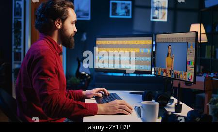 Photographer returning back to studio, resuming work on digital portfolio showcasing photoshoot edited images. Photo editor selecting best photographs while enjoying cup of coffee Stock Photo
