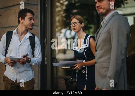 Business professionals meeting outdoors, discussing sales strategies and analyzing growth reports. Confident team collaborates on marketing plans for Stock Photo