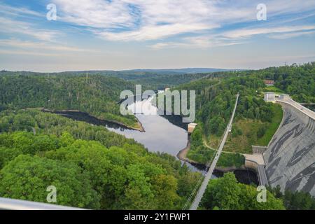 Extensive panorama of a green river landscape with dense forest under a blue sky and clouds, Rappbodetalsperre, Harz Mountains, Germany, Europe Stock Photo