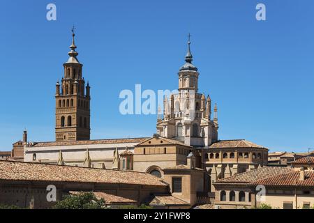 Historic church with several towers and brick facade in front of a clear blue sky, Cathedral, Catedral de Santa Maria de la Huerta, Tarazona, Zaragoza Stock Photo