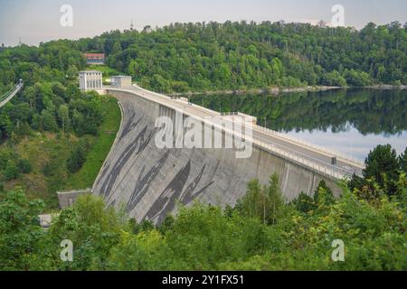 View of a large dam surrounded by green hills and forests, Rappbodetalsperre, Harz Mountains, Germany, Europe Stock Photo