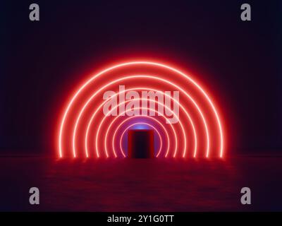 Red neon circles in the dark. Product showcase background template. Digital 3D rendering. Stock Photo