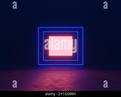 Neon frame background in the dark. Product showcase template. Digital 3D rendering. Stock Photo