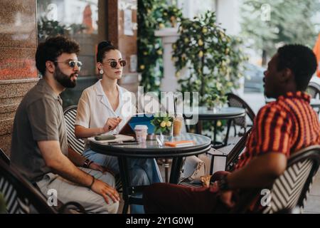 Business meeting in a coffee shop with three people discussing work and collaborating outdoors Stock Photo