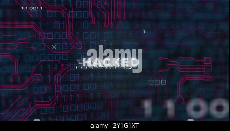 Hacked text image over digital circuit board and binary code background Stock Photo