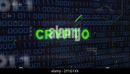 Binary code and CRYPTO text image over digital data background Stock Photo