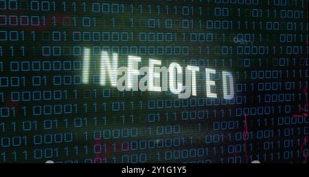 INFECTED text image over binary code background, indicating cybersecurity threat Stock Photo