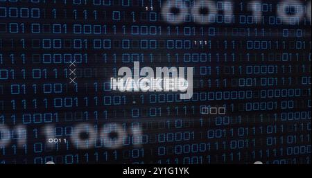 Binary code with HACKED text image over dark background Stock Photo