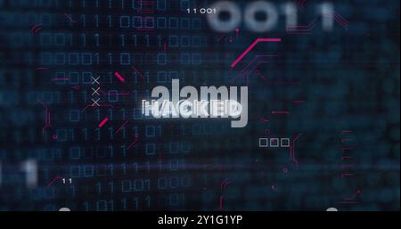 Hacked text image over binary code and digital data background Stock Photo