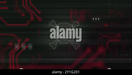 Skull and crossbones image over digital binary code and circuit board Stock Photo