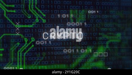 Binary code and CRYPTO text image over digital background Stock Photo