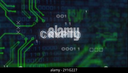 CRYPTO text image over binary code and circuit board graphics Stock Photo