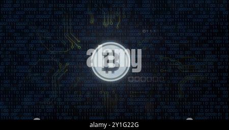 Bitcoin symbol with binary code and financial chart image Stock Photo