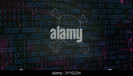 Binary code and skull with crossbones image, representing cybersecurity threat Stock Photo