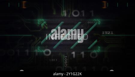 Infected text image over digital circuit board and binary code background Stock Photo