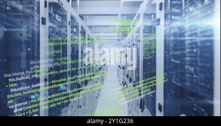 Computer code image over servers in data center Stock Photo