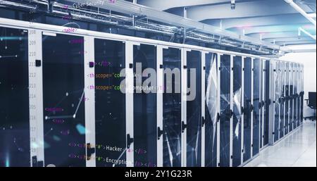 Computer code image over servers in data center Stock Photo