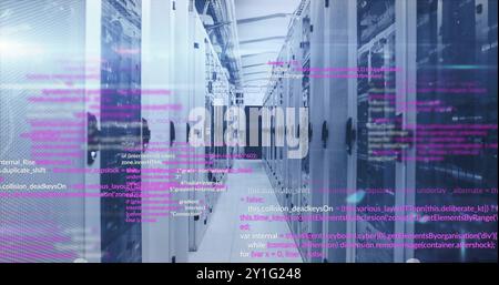 Computer code image over data servers in modern data center Stock Photo