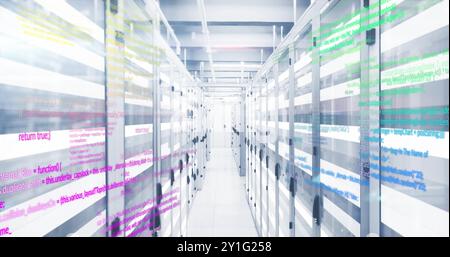 Colorful coding text image over data servers in modern data center Stock Photo