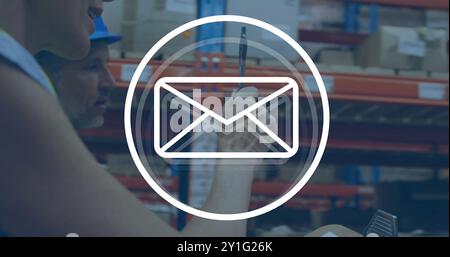 Image of envelope icon over caucasian workers talking in warehouse Stock Photo