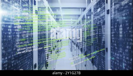 Computer code image over servers in data center Stock Photo