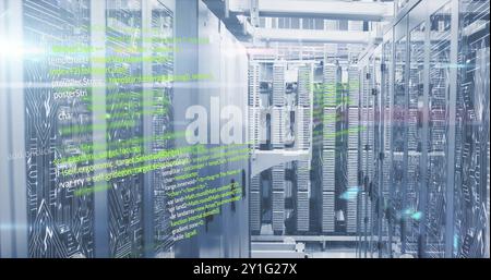 Computer code image over servers in data center Stock Photo