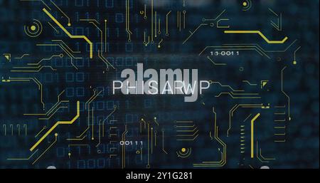 Phishing text image over binary code and digital data background Stock Photo