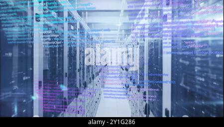 Computer code image over server racks in data center Stock Photo