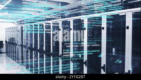 Computer code image over server racks in data center Stock Photo