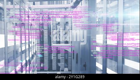 Computer code image over servers in data center Stock Photo