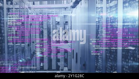 Computer code image over servers in data center Stock Photo