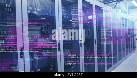 Computer code image over server racks in data center Stock Photo