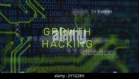 Growth hacking text image over binary code and digital circuit background Stock Photo