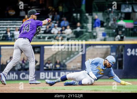 Miwaukee, United States. 06th Sep, 2024. Colorado Rockies shortstop Ezequiel Tovar (L) turns a double play on Milwaukee Brewers catcher William Contreras after forcing out Milwaukee Brewers outfielder Jackson Chourio (R) in the eighth inning of the MLB game between the Colorado Rockies and the Milwaukee Brewers at American Family Field in Milwaukee, WI on Tuesday, Sept. 6, 2024. Photo by Tannen Maury/UPI. Credit: UPI/Alamy Live News Stock Photo