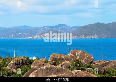 A beautiful view across the water to Tortola from the Baths in Virgin Gorda, British Virgin Islands. Stock Photo