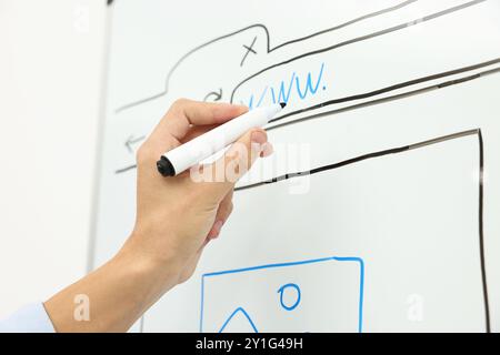 Developing UI design. Man drawing website wireframe on whiteboard indoors, closeup Stock Photo