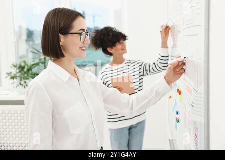 Developing UI design. Women drawing website wireframe on whiteboard indoors Stock Photo