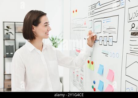 Developing UI design. Woman drawing website wireframe on whiteboard indoors Stock Photo