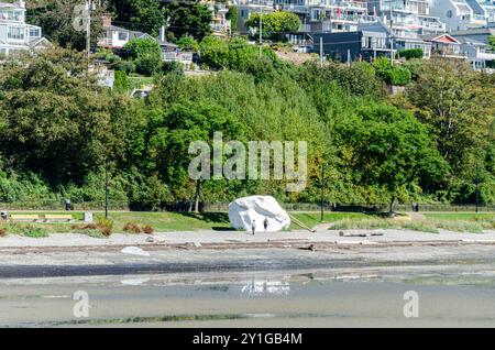 View of White Rock from the  White Rock Pier in Surrey, BC, Canada. White Rock towns houses seen on the hill slope in the background Stock Photo