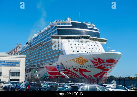 Norwegian Joy by Norwegian Cruise Line docked at Boston Cruise Port in Seaport District, city of Boston, Massachusetts MA, USA. Stock Photo