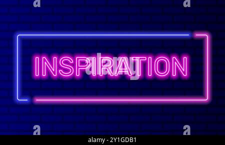 Neon sign inspiration in speech bubble frame on brick wall background vector. Light banner on the wall background. Inspiration button motivation and Stock Vector
