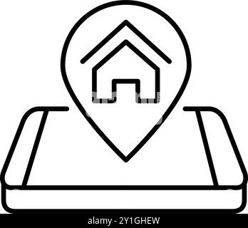 Map pointer with house icon in it over isometric smart phone. Property location or home address delivery. Pixel perfect, editable stroke vector icon Stock Vector