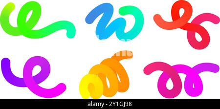 3D gradient shapes. Abstract rainbow colored fluid swirl elements on white background. Vector wavy blend spiral objects. Dynamic organic neon strokes Stock Vector