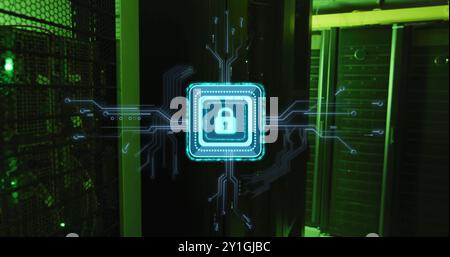 Image of padlock icon and digital data processing over computer servers Stock Photo