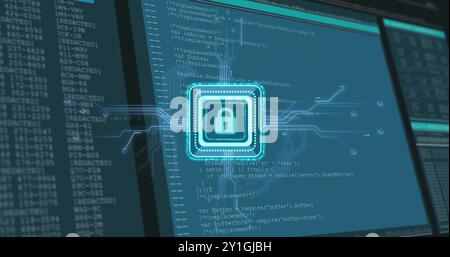 Image of padlock icon and digital data processing over computer screens Stock Photo