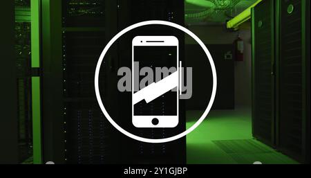 Image of smartphone icon and digital data processing over computer servers Stock Photo