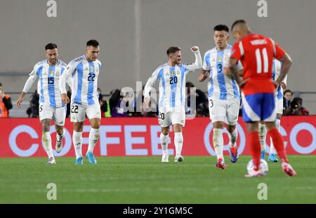 Buenos Aires, Argentina. 5th Sep, 2024. Alexis Mac Allister (C) celebrates a goal during the 2026 FIFA World Cup South American qualification football match between Argentina and Chile in Buenos Aires, Argentina, Sept. 5, 2024. Credit: Martin Zabala/Xinhua/Alamy Live News Stock Photo