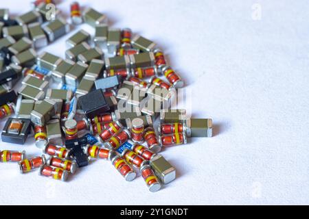 Various electronic components, resistors, capacitors, diodes, transistors Stock Photo