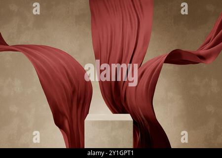 Stone podium and satin fabric floating on beige concrete background. Luxury product placement mockup with flying silk cloth. Premium fashion and beaut Stock Photo