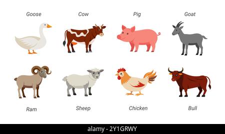 Cute farm animals collection featuring goose, cow, pig, goat, ram, sheep, chicken, and bull. Concept of barnyard creatures, domestic animals, kids ill Stock Vector